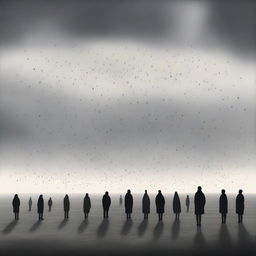 A surreal depiction of a lonely crowd in a vast, open space