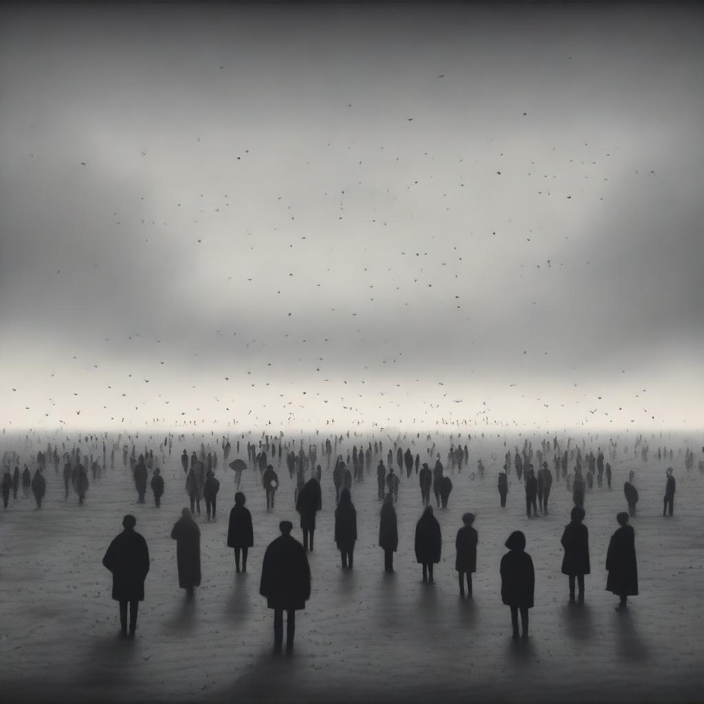 A surreal depiction of a lonely crowd in a vast, open space