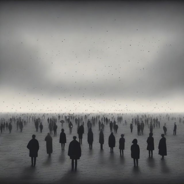 A surreal depiction of a lonely crowd in a vast, open space