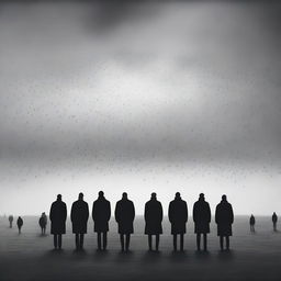 A surreal depiction of a lonely crowd in a vast, open space