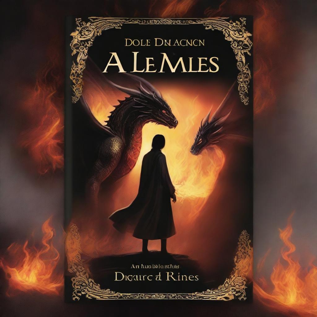 Create a black book cover with the title 'Destined Flames: A Tale of the Dragon King and the Fairy Princess