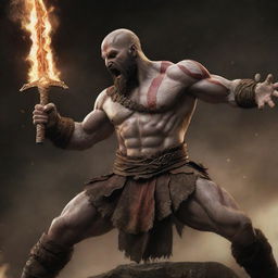 Kratos, the Greek god of war, in a dynamic pose as he stabs Zeus with his Blades of Chaos, depicting the epic showdown of deities