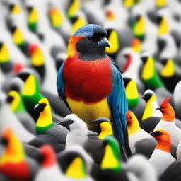 A striking image of one colorful bird standing out in a flock of black and white birds