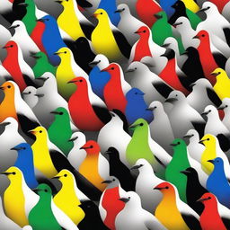 A striking image of one colorful bird standing out in a flock of black and white birds