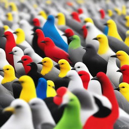 A striking image of one colorful bird standing out in a flock of black and white birds