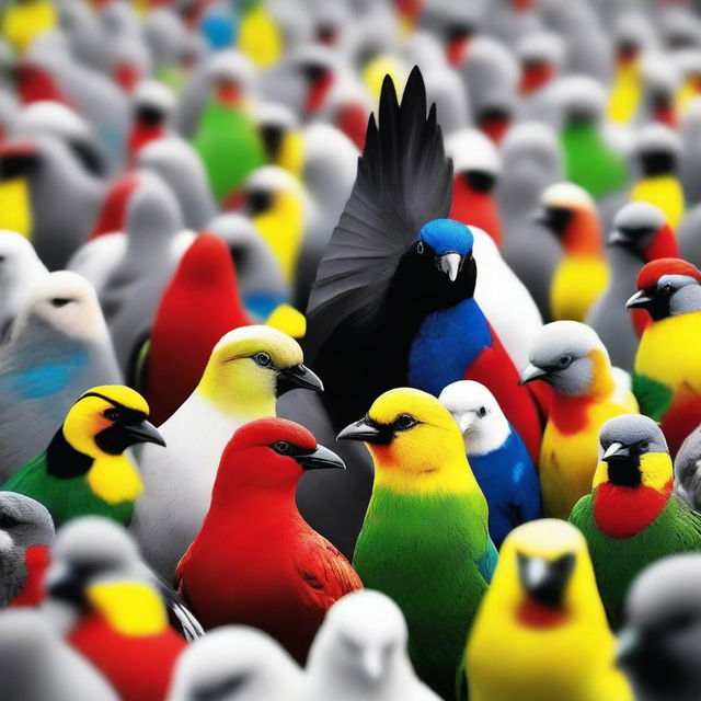 A striking image of one colorful bird standing out in a flock of black and white birds