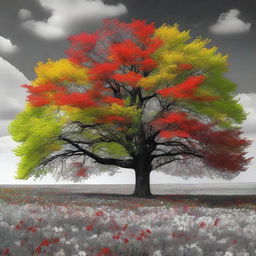 A vibrant and colorful tree standing prominently in the middle of a black and white field of flowers