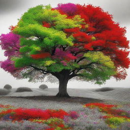 A vibrant and colorful tree standing prominently in the middle of a black and white field of flowers