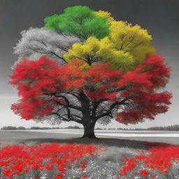 A vibrant and colorful tree standing prominently in the middle of a black and white field of flowers