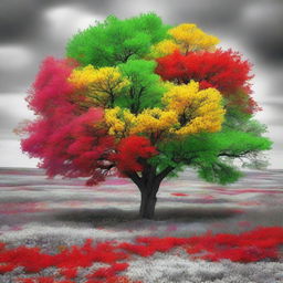 A vibrant and colorful tree standing prominently in the middle of a black and white field of flowers