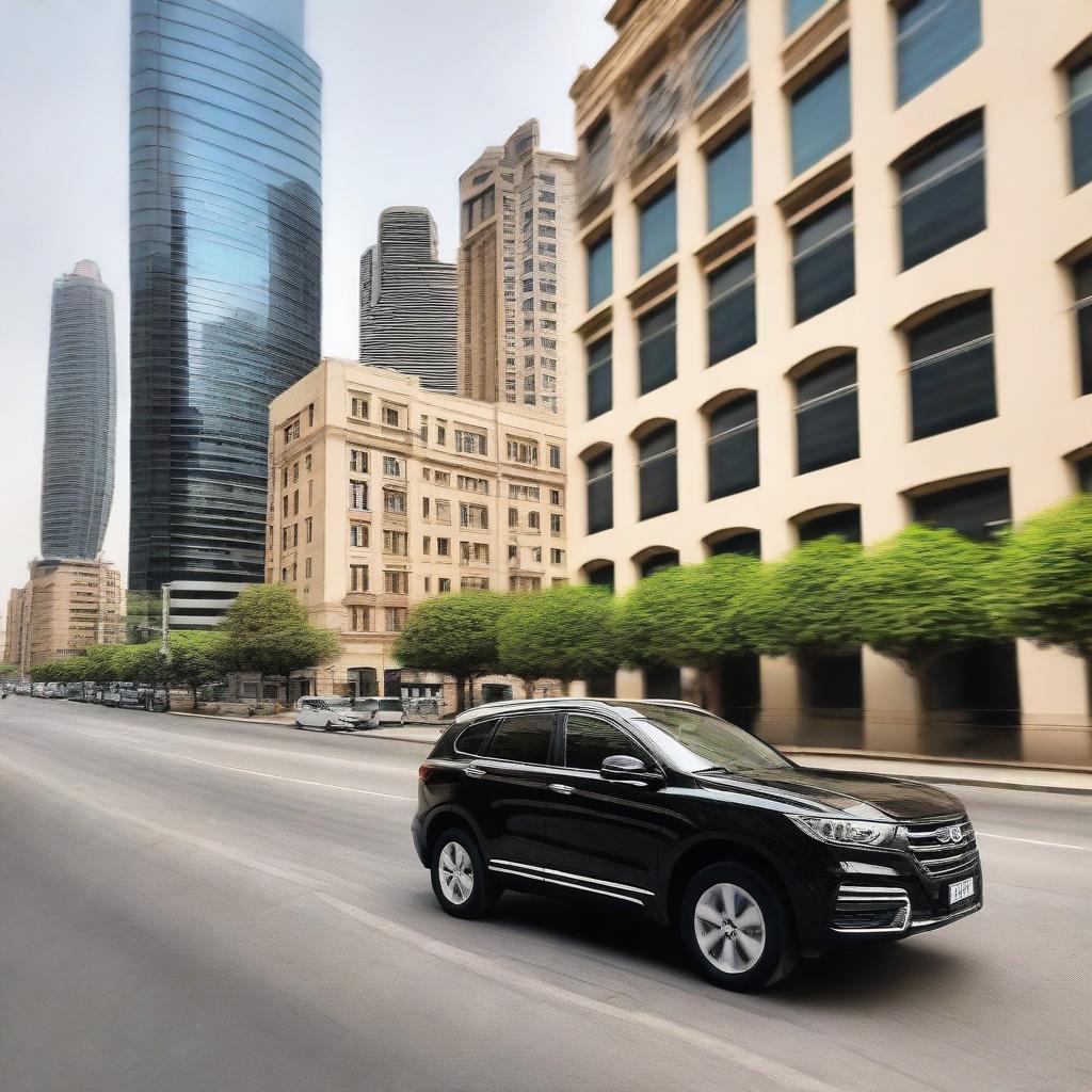 A black-colored Haval H6 BEV is driving through the bustling streets of Amman, Jordan