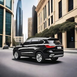 A black-colored Haval H6 BEV is driving through the bustling streets of Amman, Jordan