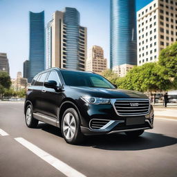 A black-colored Haval H6 BEV is driving through the bustling streets of Amman, Jordan