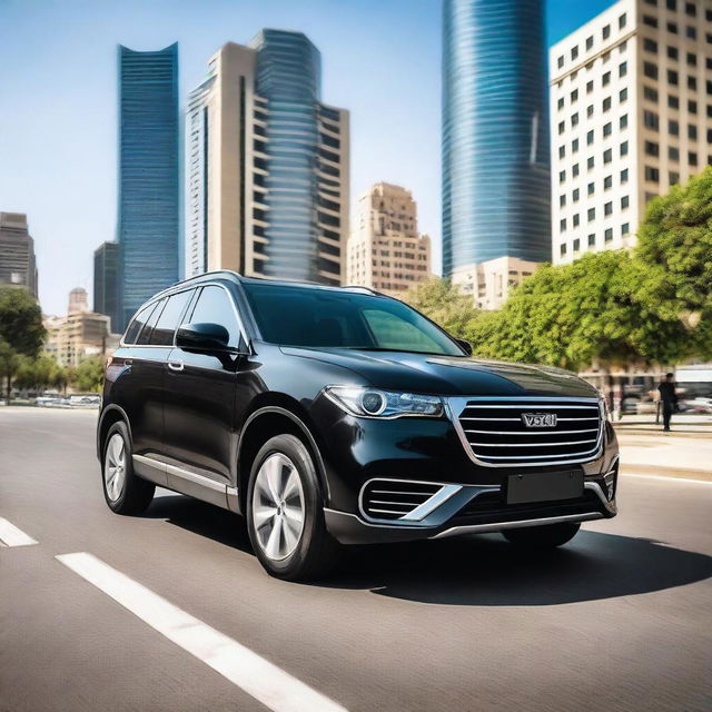 A black-colored Haval H6 BEV is driving through the bustling streets of Amman, Jordan