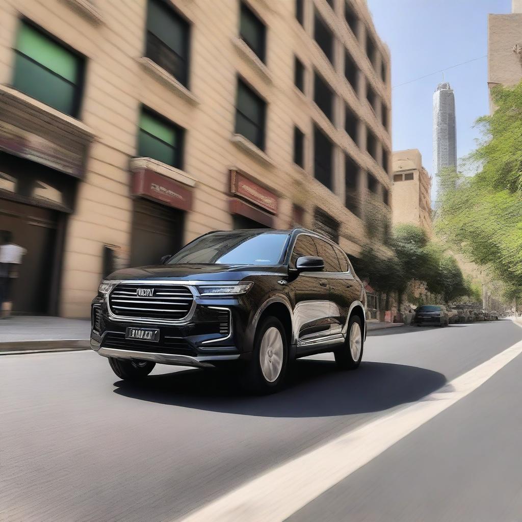 A black-colored 2023 Haval H6 HEV is driving through the lively streets of Amman, Jordan