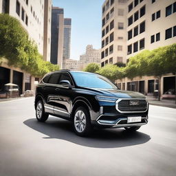 A black-colored 2023 Haval H6 HEV is driving through the lively streets of Amman, Jordan