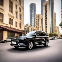 A black-colored 2023 Haval H6 HEV is driving through the lively streets of Amman, Jordan