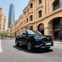 A black-colored 2023 Haval H6 HEV is driving through the lively streets of Amman, Jordan