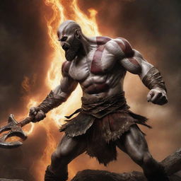 Kratos, the Greek god of war, in a dynamic pose as he stabs Zeus with his Blades of Chaos, depicting the epic showdown of deities