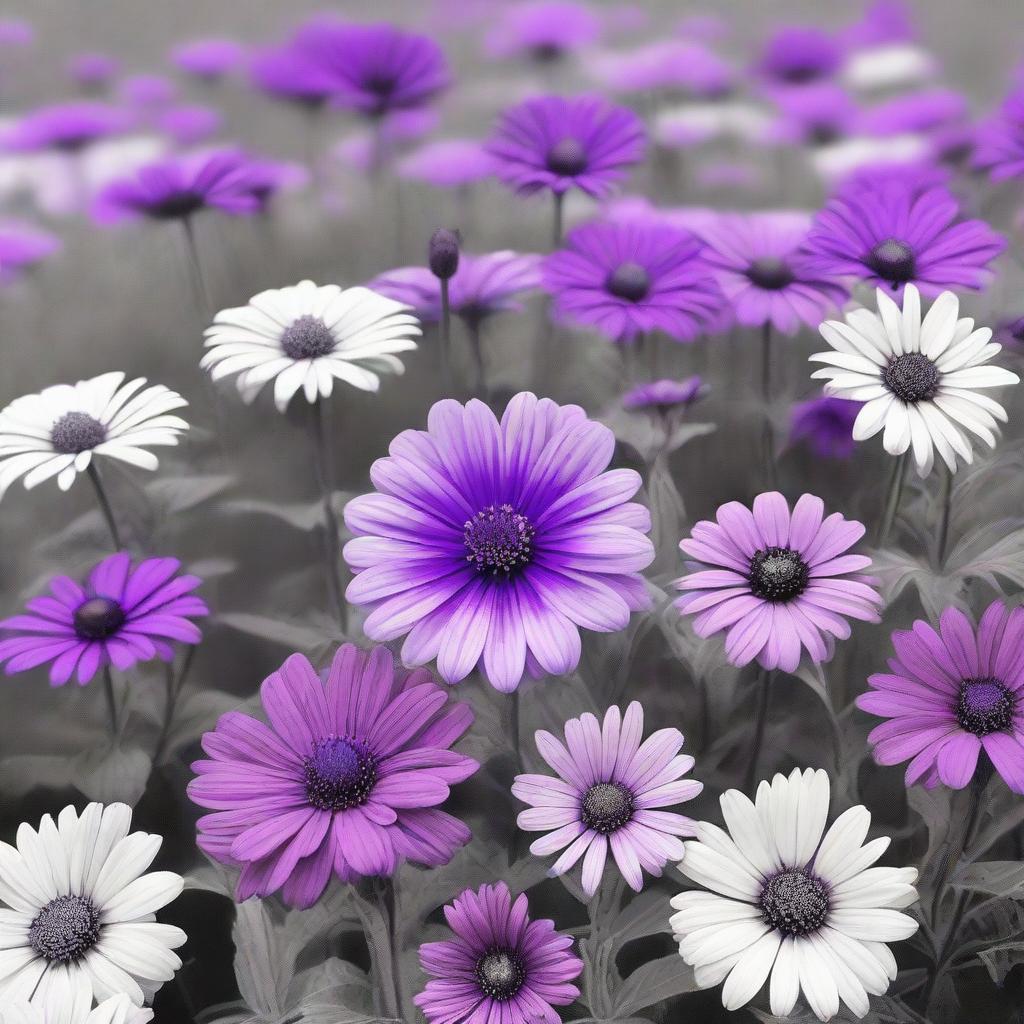 A grayscale field of flowers with one vibrant purple flower standing out in the middle