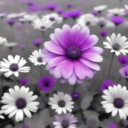 A grayscale field of flowers with one vibrant purple flower standing out in the middle