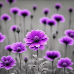 A grayscale field of flowers with one vibrant purple flower standing out in the middle