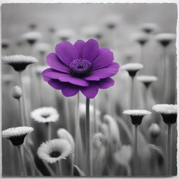 A grayscale field of flowers with one vibrant purple flower standing out in the middle