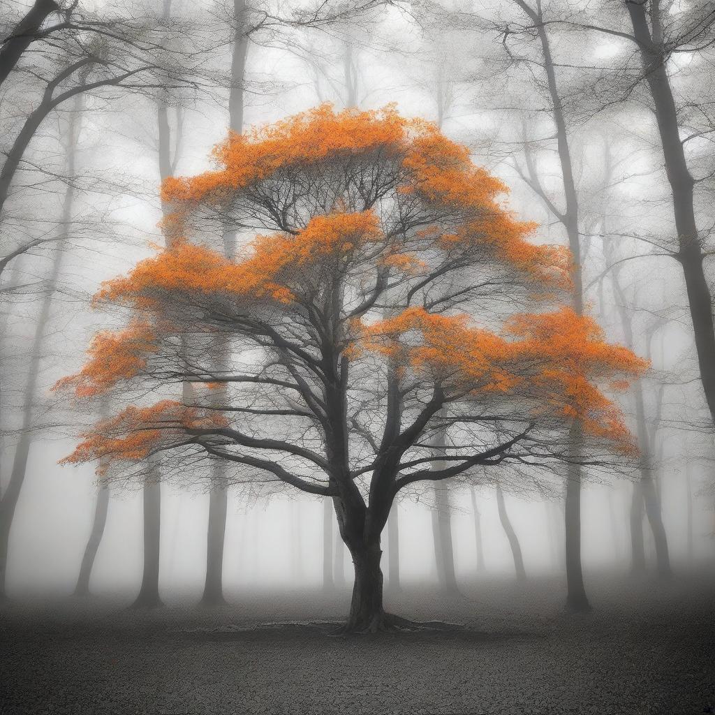 A single vibrant orange tree stands in the center of a grayscale forest