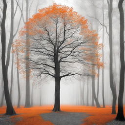 A single vibrant orange tree stands in the center of a grayscale forest