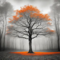 A single vibrant orange tree stands in the center of a grayscale forest