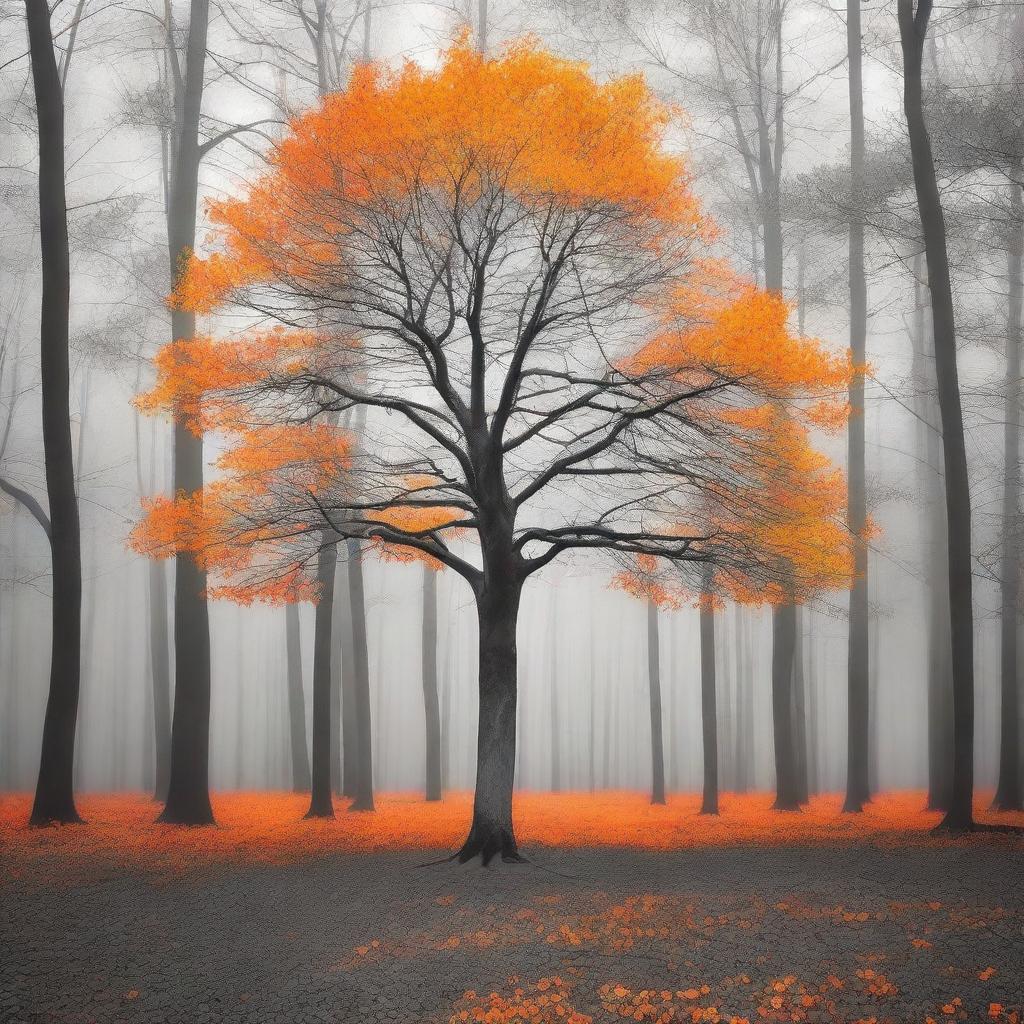 A single vibrant orange tree stands in the center of a grayscale forest