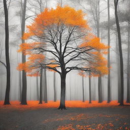 A single vibrant orange tree stands in the center of a grayscale forest