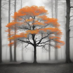 A single vibrant orange tree stands in the center of a grayscale forest