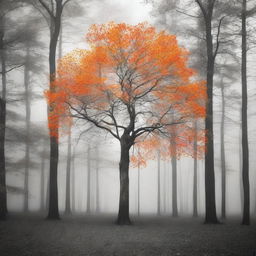 A single vibrant orange tree stands in the center of a grayscale forest