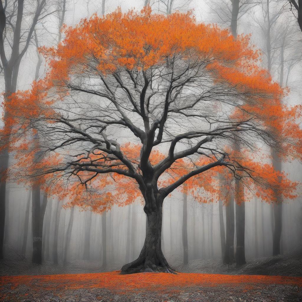 A single vibrant orange tree stands in the center of a grayscale forest