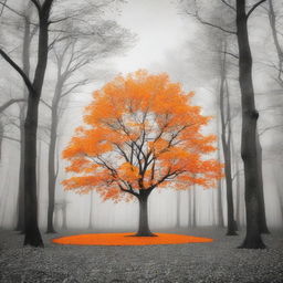 A single vibrant orange tree stands in the center of a grayscale forest