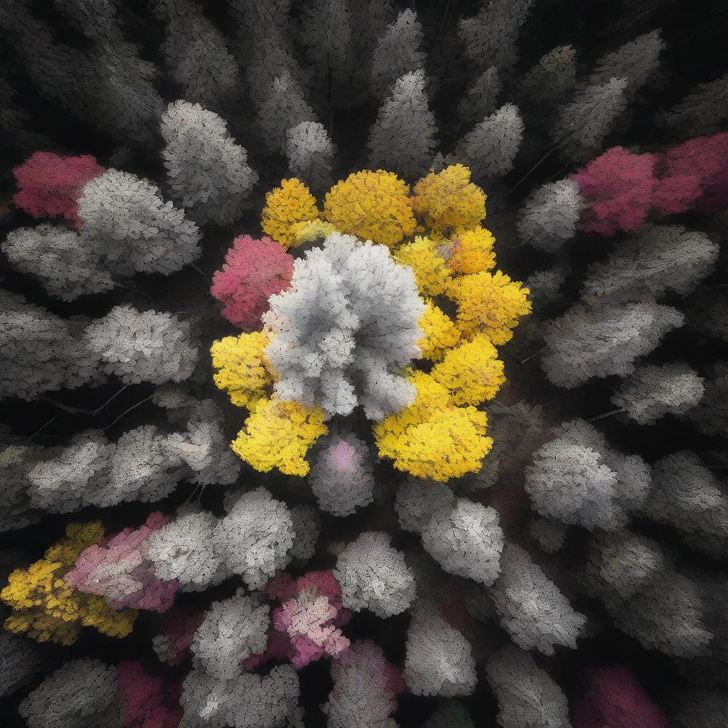 A single vibrant tree stands in the center of a grayscale forest, viewed from above