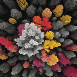 A single vibrant tree stands in the center of a grayscale forest, viewed from above