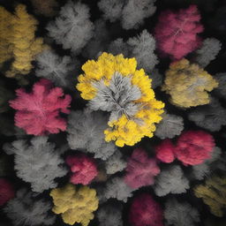 A single vibrant tree stands in the center of a grayscale forest, viewed from above