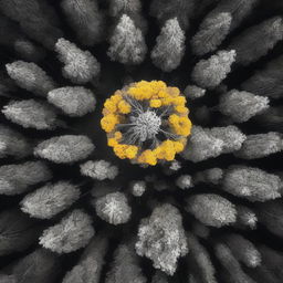 A single vibrant tree stands in the center of a grayscale forest, viewed from above