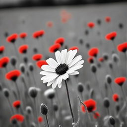 A black and white field of flowers, where all the flowers are in grayscale except for one vibrant and colorful flower in the middle of the field