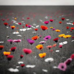 A black and white field of flowers, where all the flowers are in grayscale except for one vibrant and colorful flower in the middle of the field