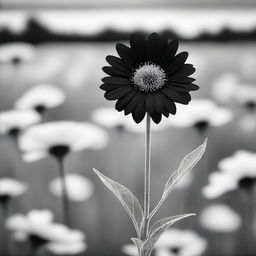 A black and white field of flowers, where all the flowers are in grayscale except for one vibrant and colorful flower in the middle of the field