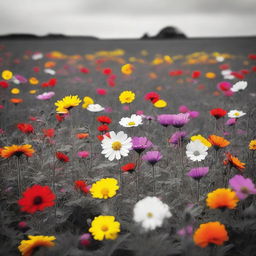 A black and white field of flowers, where all the flowers are in grayscale except for one vibrant and colorful flower in the middle of the field