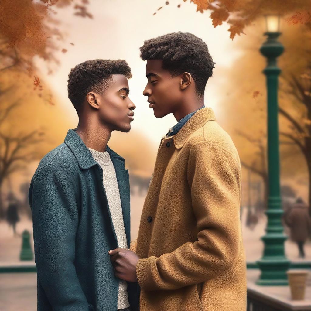 Create a book cover that captures the serendipity and emotional depth of a romance between two young men