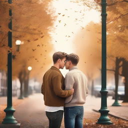 Create a book cover that captures the serendipity and emotional depth of a romance between two young men