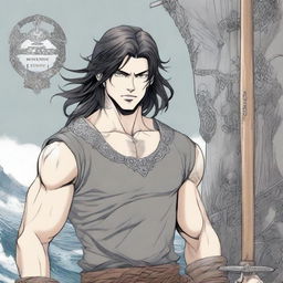 Manga Book Cover featuring a young Viking male with shoulder-length black hair and piercing grey eyes, standing in front of a Viking long ship