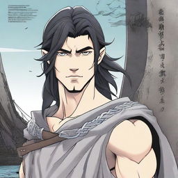 Manga Book Cover featuring a young Viking male with shoulder-length black hair and piercing grey eyes, standing in front of a Viking long ship