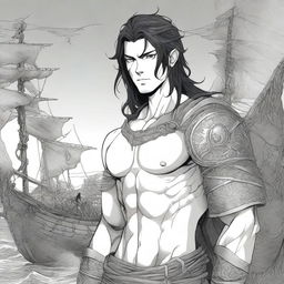 Manga Book Cover featuring a young Viking male with shoulder-length black hair and piercing grey eyes, standing in front of a Viking long ship