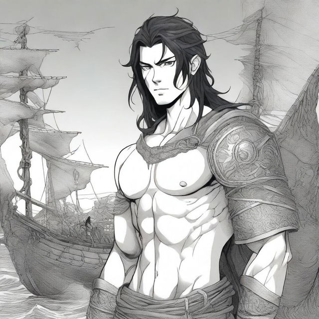 Manga Book Cover featuring a young Viking male with shoulder-length black hair and piercing grey eyes, standing in front of a Viking long ship